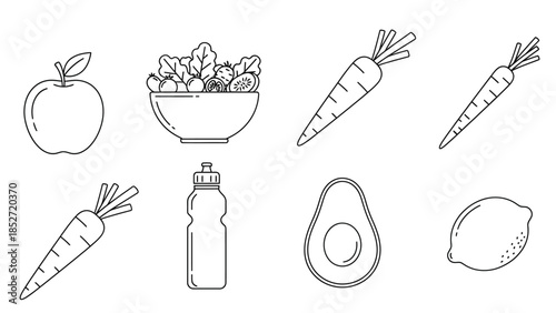 Outline icons set of fresh healthy food including fruits vegetables and a water bottle for diet planning