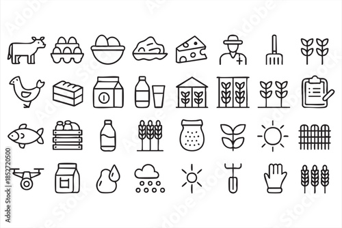 Agriculture and Farm Line Icons for Food and Agribusiness Apps