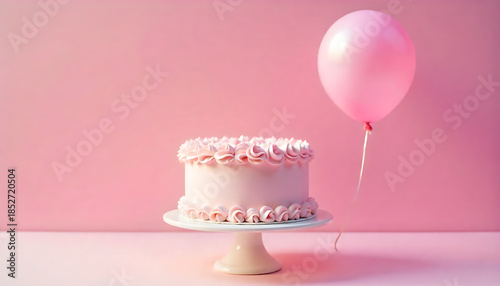  two-tier pink cake with a single pink balloon nearby on a light pink background, 8k image