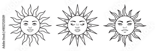 Mystical sun face with celestial rays in vintage boho style. Vector line art illustration perfect for esoteric tattoo designs, tarot cards, and astrology-themed graphics.