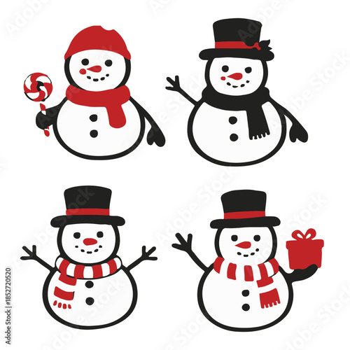 Snowman Icons Set – Minimal Flat Winter Characters in Three-Color Vector Style