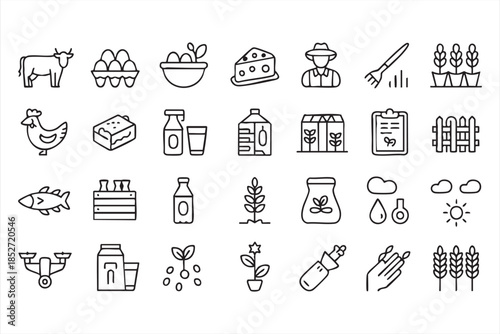 Farm Agriculture Icons with Crops Livestock and Dairy Symbols