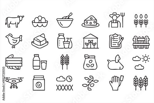 Organic Farming and Food Production Line Icons