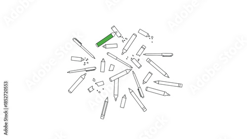 Colorful pencils and pens scattered on white background with green highlighter standing out