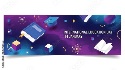 International Education Day Celebration with Books, Graduation Hat, and Study Materials on a Vibrant Background