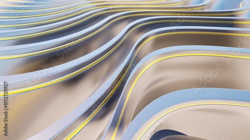 Abstract metal waves flow in gold and silver tones showcases fluid curves with holographic gradients and smooth metallic texture modern tech design 4k