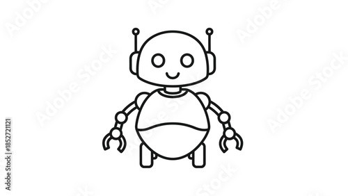 Simple line art drawing of a friendly cartoon robot character with antennae and claw hands