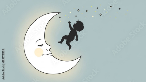 A smiling crescent moon with a sleeping face and a baby reaching for stars in the night sky with sparkling starlight