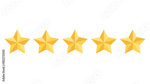 Set of five golden three dimensional star shapes in a row