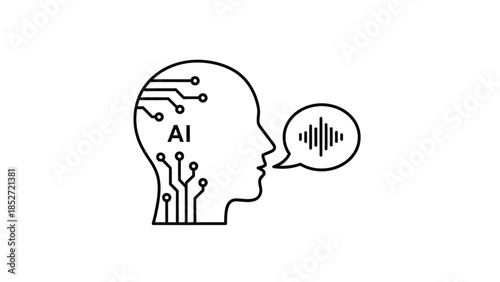 Outline icon representing artificial intelligence processing human speech or sound with circuit board pathways inside a profile