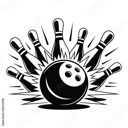Bowling Strike with Pins and Ball, Black and White Sports Artwork, Bowling Alley Action Scene, Recreation and Competition Icon, Game Play Illustration, Athletic Graphic Design.
