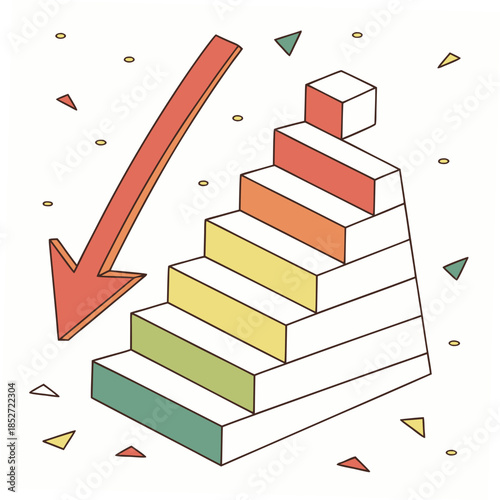 Colorful geometric blocks forming a step down structure with arrow