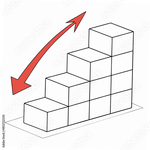 White cubes arranged like descending stair with red arrow