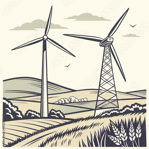 Wind turbines in a rural landscape with rolling hills