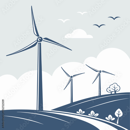 Wind turbines on rolling hills with clouds and birds