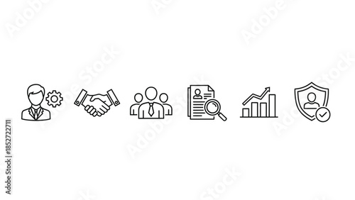 Set of line icons representing business management processes like professional service teamwork agreement growth and security