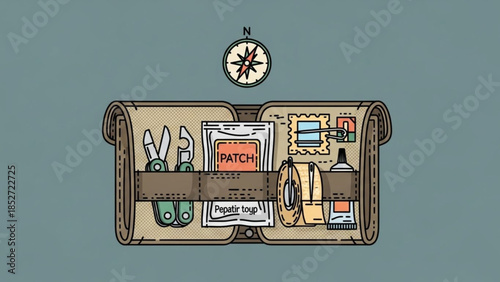 Illustration of a travel first aid kit with various medical supplies and a compass on a map background for adventure and outdoor