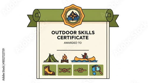 Outdoor skills certificate with illustrations of camping gear, hiking and survival tools on parchment scroll background