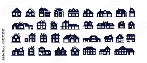 Set of 36 blue silhouette buildings for property housing and real estate business websites