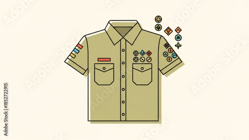 Khaki scout uniform shirt with colorful badges and patches on collar and sleeves, isolated on cream background