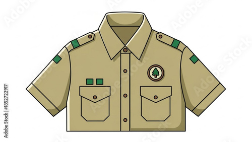 Tan short sleeve shirt with green accents and a tree logo on the chest pocket, safari style with epaulets and button pockets