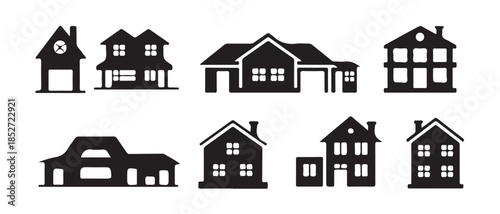 Set of eight diverse house silhouettes in a minimalist style depicting various architectural designs