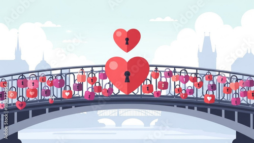 Romantic heart shaped locks adorn a bridge railing with large red hearts floating above, city skyline in background, love and affection