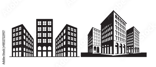 Set of various cityscape silhouettes featuring modern and classic multi-story apartment buildings