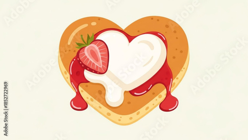 Heart shaped pancake with strawberry and whipped cream and red syrup on top closeup