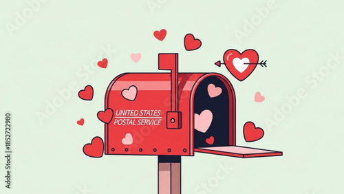 Red mailbox with hearts, valentine's day theme, usps, love letters, heart arrow