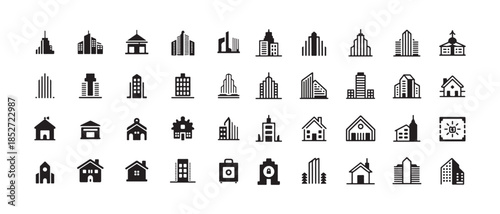 Set of buildings and houses vector icons collection modern architectural structures and homes