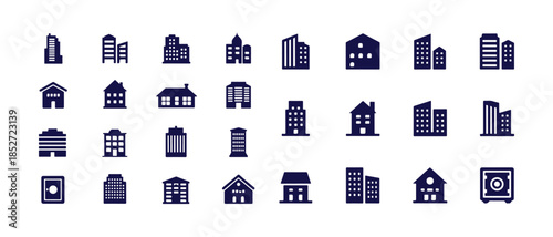 Set of buildings and houses vector icons collection architectural structures and safe boxes