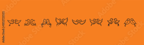 Two birds facing each other icon set , symmetrical line design  in black and white in white background