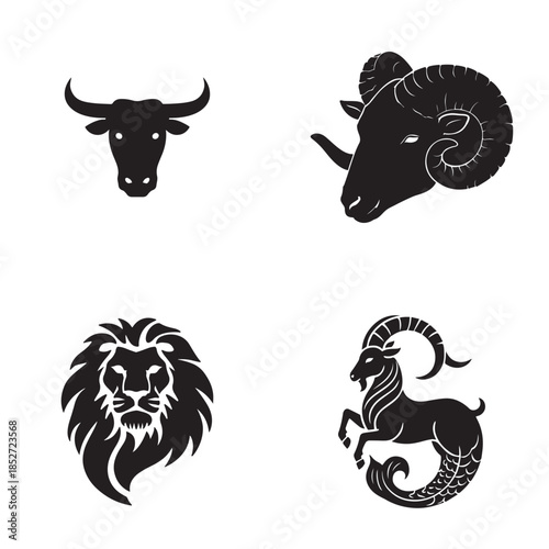 Four zodiac animal symbols in silhouette: bull, ram, lion, and sea goat.