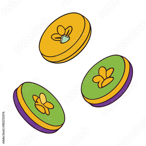 Colorful Mardi Gras doubloons spin through the air, flashing gold, purple, and green as music, masks, and parade energy fill the festive streets.
