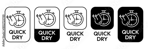 Quick dry icon set. Quick and fast clock dry wet clothes symbol. Quick dry label, logo, badge, sticker, circle, black vector, isolated illustration. Quick drying label product packaging design.