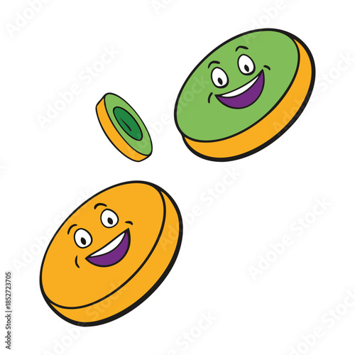 Colorful Mardi Gras doubloons spin through the air, flashing gold, purple, and green as music, masks, and parade energy fill the festive streets.
