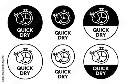 Quick dry icon set. Quick and fast clock dry wet clothes symbol. Quick dry label, logo, badge, sticker, circle, black vector, isolated illustration. Quick drying label product packaging design.