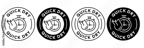 Quick dry icon set. Quick and fast clock dry wet clothes symbol. Quick dry label, logo, badge, sticker, circle, black vector, isolated illustration. Quick drying label product packaging design.