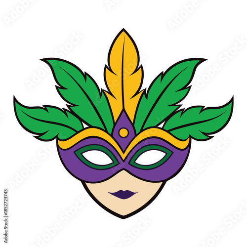 A vibrant Mardi Gras mask adorned with flowing feathers, rich colors, and glittering details, capturing the festive spirit, mystery, and elegance of carnival celebration.
