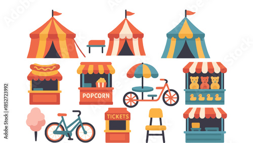 Colorful carnival illustration with tents, food stands, and rides for kids