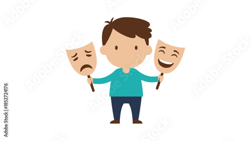 Cartoon boy holding comedy and tragedy masks, symbolizing mixed emotions and feelings