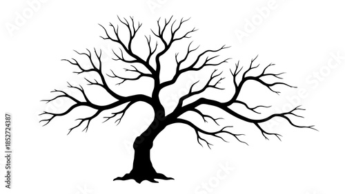 Bare tree silhouette on white background, black branches, minimalist nature icon