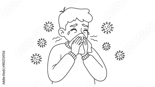 Sick boy blowing nose with virus particles around him in illustration