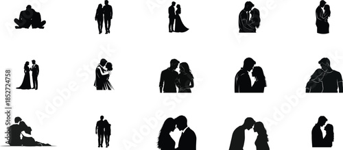 Collection of 16 black silhouettes depicting various human interactions and poses