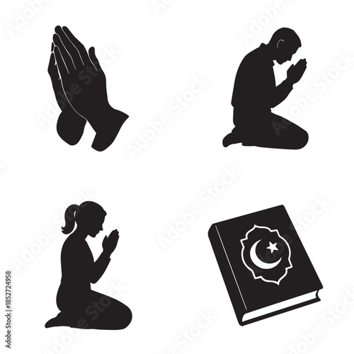Devout individuals in prayer alongside a holy book, symbolizing faith and spiritual devotion.