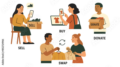 People selling, buying, swapping, and donating second-hand items online and offline