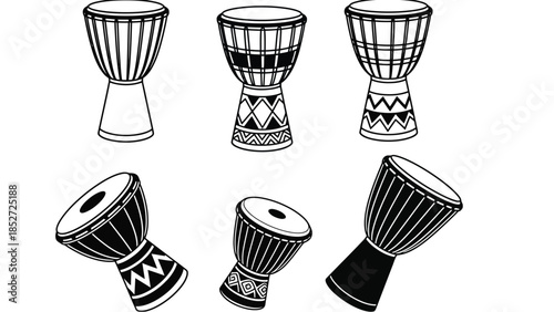 Black and white illustration of various djembe drums with unique designs and patterns
