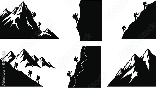 Mountain climbers silhouettes in various poses and landscapes black and white