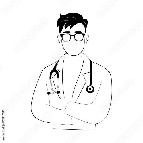 A male doctor in a medical coat stands with his arms crossed. Medical consultations. Medicine and healthcare. Qualified specialist. Confident in his knowledge.